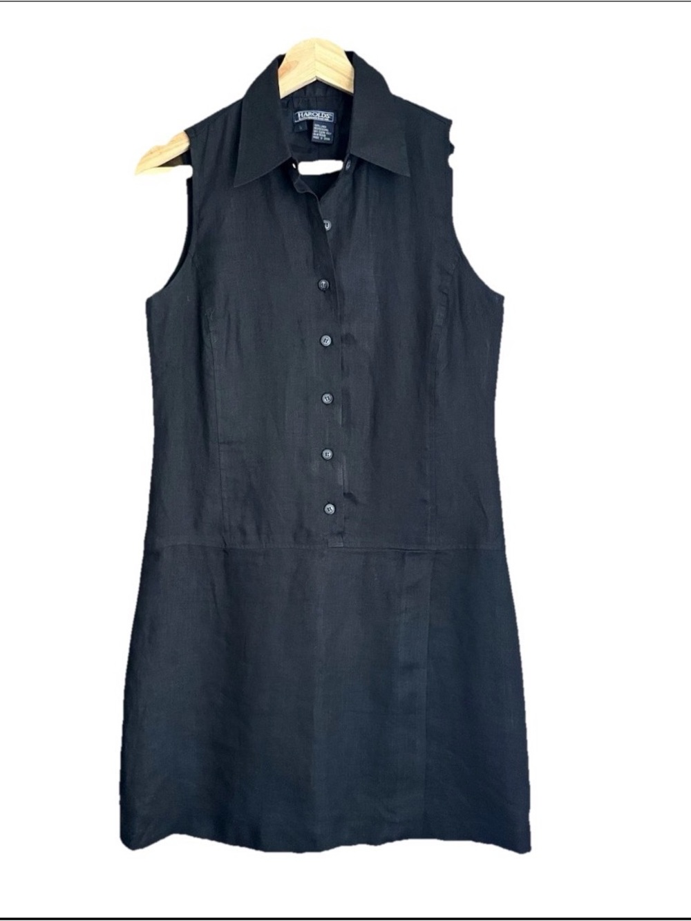 Harold’s Vintage Linen Shirt Dress Size 6 Black Sleeveless Minimalist 90s CBK